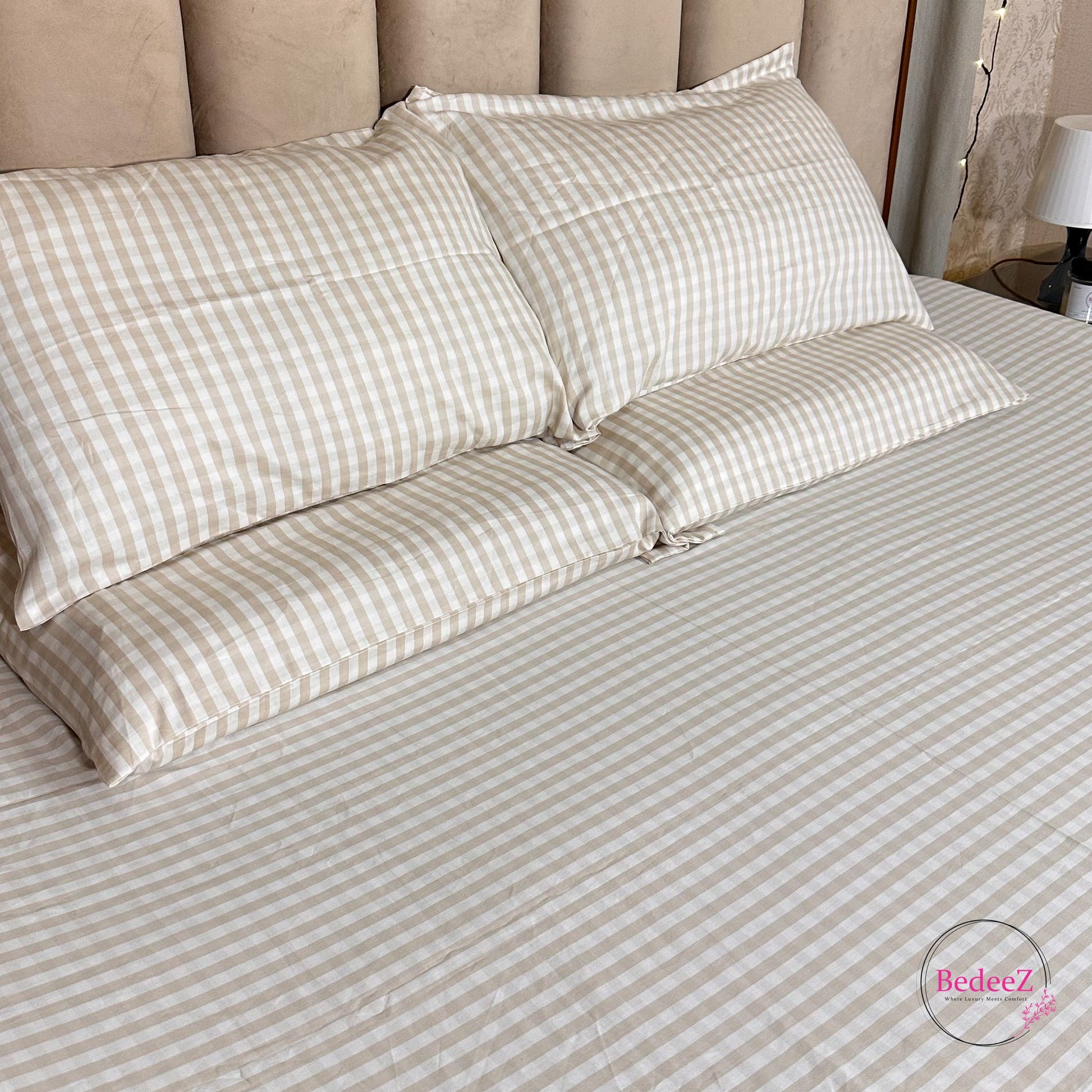 Classic Ivory & Beige Gingham Quilt Cover Double Bed Bedsheet Set (2)
